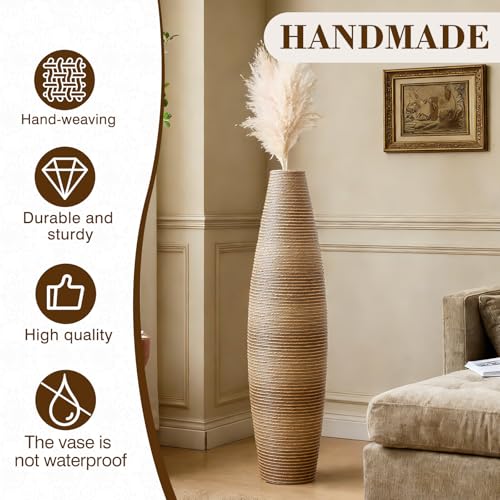 Image of Large Hand-Woven Bamboo Floor Vase, Tall Home Decor Floor Vase for Fake Flower Dried, Flower Holder for Living Room, Bedroom, Dining Room, Entryway, Hallway (Pattern Beige, Bottle)