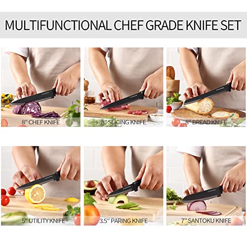 Gourmetop Kitchen Knife Set With No Drilling Magnetic Strip, Knives Set For Kitchen Black Titanium Cooking Knives, Sharp Stainless Steel Chef Knife Set For Cutting Meat & Vegetable, Small Knife Set #TOP6