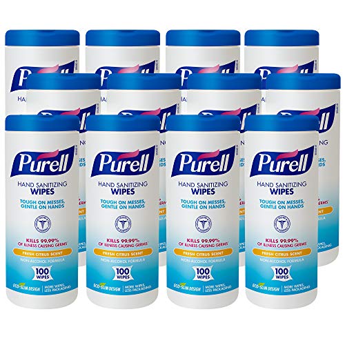 PURELL Hand Sanitizing Wipes Non-Alcohol Formula, Fresh Citrus Scent, 100 Count Non-Linting Hand Wipes in Eco-Slim Wipe Canister (Pack of 12) -9111-12