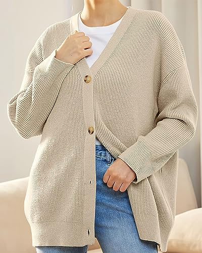Image of ebossy Women's Open Front Knit Cardigan Casual Long Sleeve Oversized Button Lightweight Sweater Outwear (2XL, Apricot)