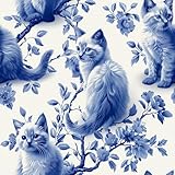 REDAMANCY Blue White Cute Cat Pets Vintage Flowers Peel and Stick Wallpaper Stick on Contact Paper Wall Paper Easy Peel Off for nightstand Drawer Cabinet Renter