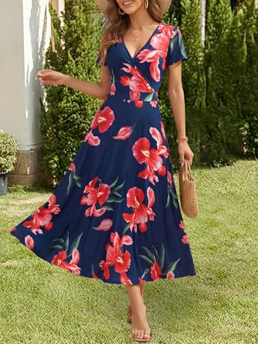 Image of HUHOT Women's Short Sleeve Wrap V Neck Dresses for Wedding Guest Summer Floral Maxi Sundresses with Pockets Boho Dress