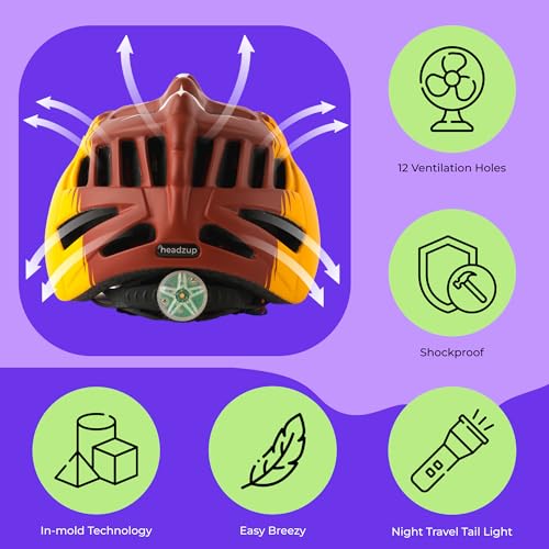 Image of Headzup Mystic Dragon 3D Cycling Helmet with Tail Light | Lightweight & Adjustable Size | Unisex Multi-Sport Helmet for kids Toddlers Boys Girls | For Age 3-10 | For Cycling, Skating (48-52cm)(Yellow)