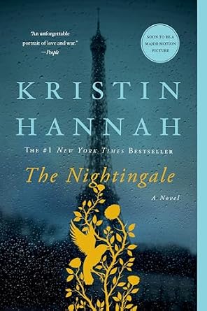 The Nightingale by Kristin Hannah, depicting the Eiffel Tower through a foggy window, with gold floral accents and a gold bird at the base of the tower.