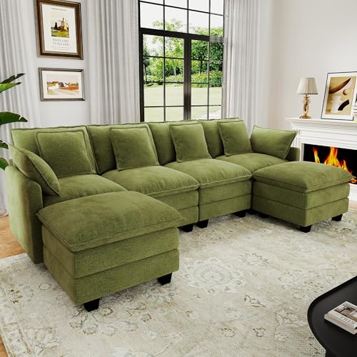 Image of 107 inch Cloud Couch Sectional Modular Sofa, Deep Seat Couches with Ottoman and Removable Washable Pillows for Living Room, Bedroom, Apartment, Green