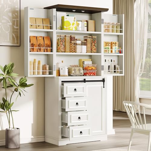 DWVO 71" Kitchen Pantry Storage Cabinet with Barn Doors, Tall Kitchen Cabinets with 4 Drawers and Adjustable Shelves, Versatile Storage for Living Room, Dining Room or Hallway,White Walnut