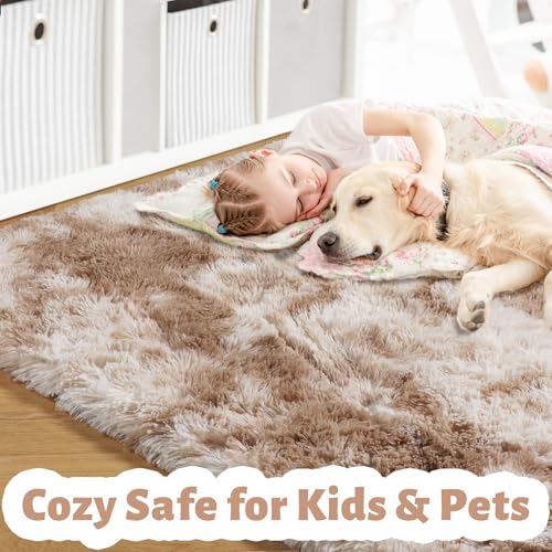 Amdrebio Tie-Dyed Beige Area Rugs for Bedroom Kids Room, 5x7 Cute Fluffy Plush Shaggy Rug for Living Room Decor Aesthetic, Soft Furry Fuzzy Neutral Tan Carpet for Baby Nursery Playroom Preppy Dorm