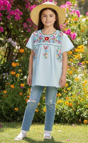 Image of YZXDORWJ Mexican Blouse for Girls Traditional Embroidered Summer Short Sleeve Peasant Blouse for Kids
