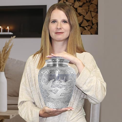 Image of Trupoint Memorials Extra Large Urn for Ashes Adult Male or Female Up to 330 lbs - Cremation Urns for Human Ashes, Funeral Memorial Urns for Men & Women - Silver Birds