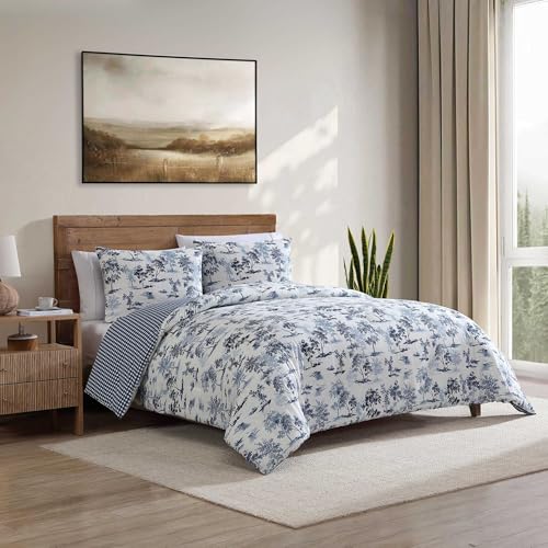 Image of Eddie Bauer - King Comforter Set, Super Soft Reversible Bedding with Matching Shams, Buffalo Check Reverse, Rustic Inspired Room Essentials (Vintage Forest Toile Blue, King)