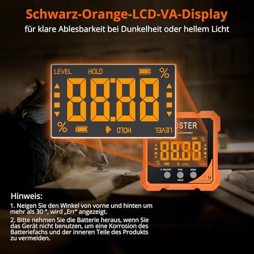 Proster Digitaler Winkelmesser Neigungsmesser Laser Wasserwaage mit 4-seitigem Magneten Winkelmessgerät für Holzwerkstatt Heimwerkstatt Baustelle DIY Dekoration LCD VA-Display IP54 aufladbar