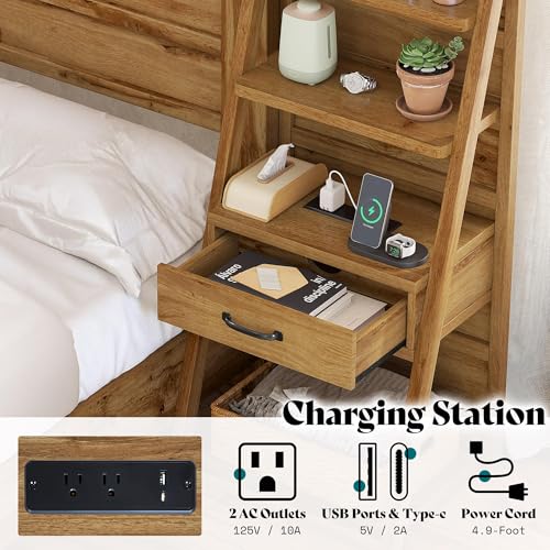 Image of AMERLIFE Full Bed Frame with Wide Headboard and 4-Tier Bookshelves, Farmhouse Platform Bed with Charging Station & 2 Drawers, Noise-Free, No Box Spring Needed, Natural Oak