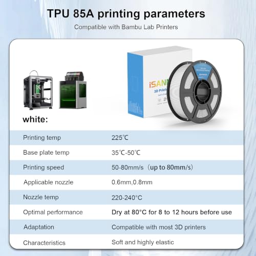 Image of iSANMATE TPU 85A Filament 1.75mm, Blue TPU Flexible Filament 85A, 1kg | iSANMATE Filament; Soft Flexible TPU HF; Compatable with Bambu Lab & most FDM 3D Printers; 1kg /2.2lbs; 50-80mm /s
