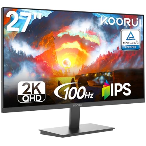 KOORUI Monitor 27' QHD, Pannello IPS, 100 Hz, Tempo di Risposta MPRT 1 ms, 95% DCI-P3,Adaptieve-Sync, HDMI 2.0 + DP 1.4, Inclinabile, Compatibile VESA, Ideale per Giochi e Lavoro Remoto, Nero