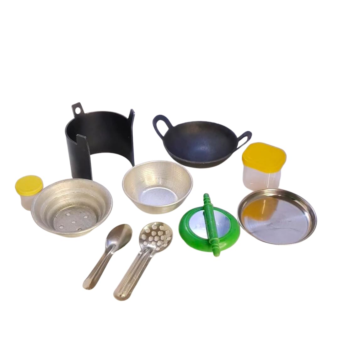 Miniature Chole Bhature & Poori Making Set - 10 Piece Real Cooking Tiny Kitchen Kit - Stainless Steel & Iron Utensils for Kids, Hobbyists & ASMR Creators
