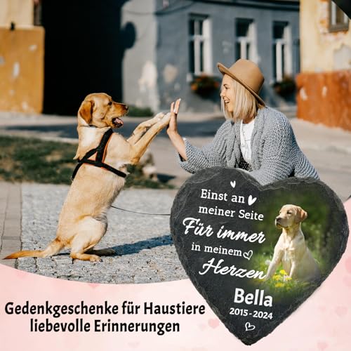 JoyJot Personalisierter Gedenkstein für Haustiere, herzförmige Plakette mit Foto, Geschenke zum Verlust von Hunden/Katzen – Name, Datum