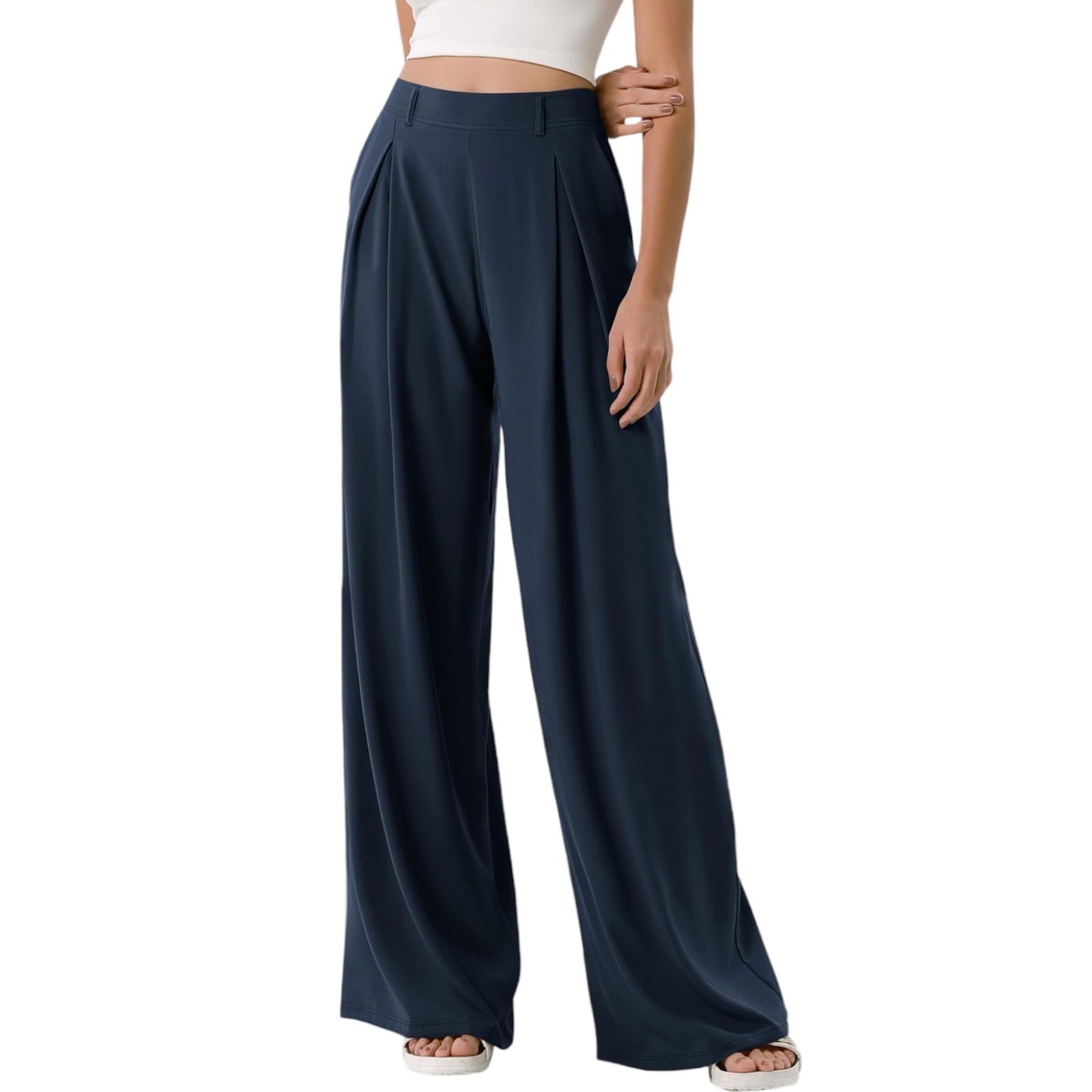 Wide Leg Dress Pants Women Comfy Drape Elastic High Waist Loose Business Casual Pants Plus Size Work Pants