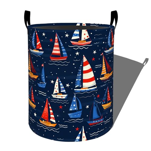 Image of Colorful Sailboat Stars Waves Night Sky Laundry Basket with Handles, 19.7"x15.7" Clothes Foldable Laundry Hamper Organizer for Dorm Nursery Bedroom Bathroom Decor, Toy Storage Bin for Kids