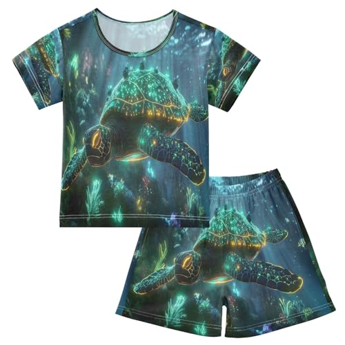ALAZA Glowing Turtle Ocean Sea Pajamas Set Short Sleeve Cotton Sleepwear Summer Pjs 2 Piece 5-14Y