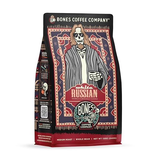 Bones Coffee Company White Russian, Cream And Cocktail Flavored Coffee, Medium Roast Low Acid Arabica Beans Compatible With Auto Drip And French Press Coffee Maker, 12 Oz Whole Bean