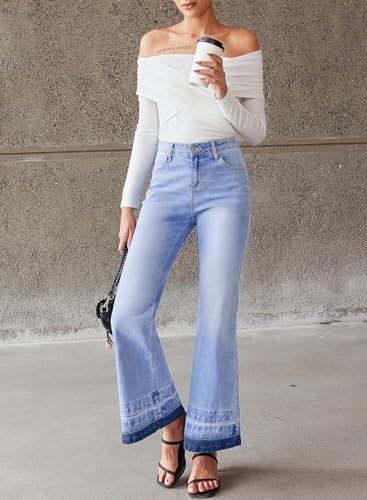 Sidefeel Women's Flare Jeans High Waisted Bell Bottom Stretchy Patch Hem Denim Pants with Pockets3