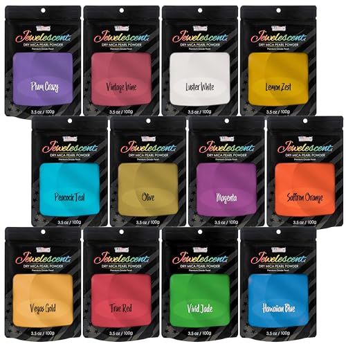 U.S. Art Supply Jewelescent Mica Pearl Pigment Powder Kit, 12 Deluxe Colors, 3.5 oz (100g) Pouches - Cosmetic Grade, Epoxy Resin Color Pigment, Mica Powder for Resin, Soap, Slime, Candle Dye, Art