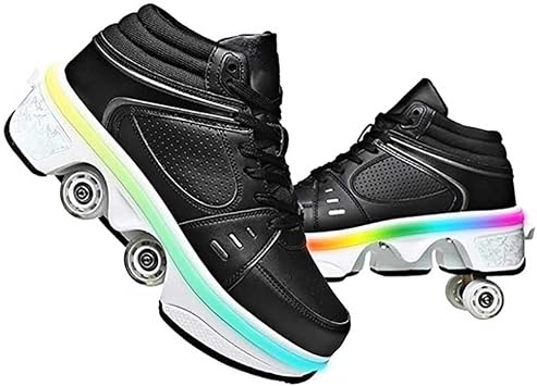 Roller Skates for Women Men Outdoor,2 in1 Parkour Shoes with Wheels for Girls/Boys,Double Row Deform Kick Roller Shoes Retractable Adults/Kids,Quad Roller Skates,Skating Shoes Recreation Sneakers