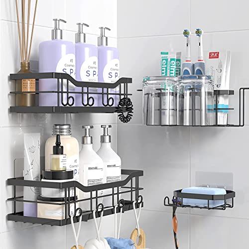 DOIOWN お風呂 ラック 浴室用ラック シャンプーラック 4段式 キッチン 洗面所 お風呂場 浴室 収納 壁掛け式 穴あけ不要 ステンレス 強力粘着固定 防錆 水切り 耐荷重15KG 石鹸置き 大容量 歯ブラシ収納ラック 石鹸置きラック