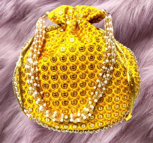 Image of Potli Bag Golden work wedding potli for ladies Gift for women handbags traditional Indian Wristlet with Drawstring Ethnic Embroidery Fashion Potli.