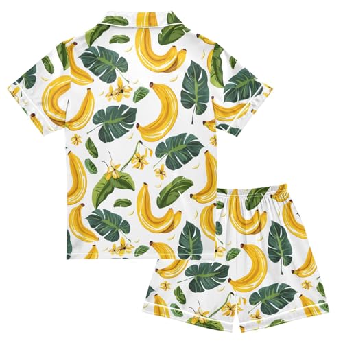 ALAZA Banana White Palm Leaves Satin Pajamas Set Short Sleeve Button Down Sleepwear Summer Pjs 2 Piece2