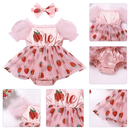 IDOPIP Strawberry 1st Birthday Outfit Girl Baby Berry One Birthday Romper Tutu Dress with Headband for Cake Smash Photo Shoot3