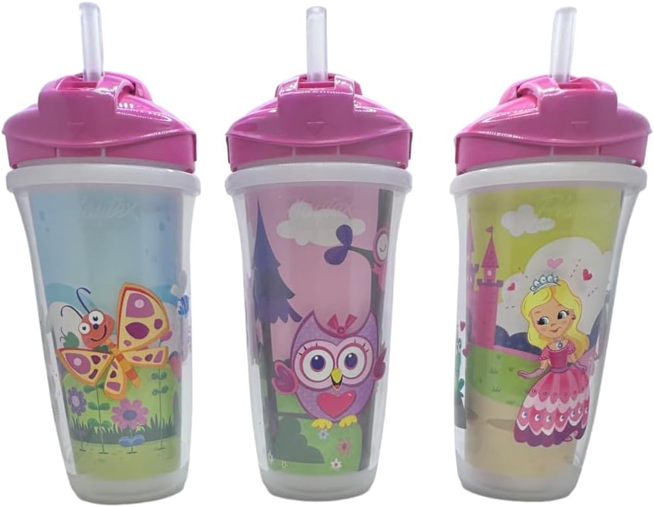 Playtex Baby Sipsters Straw Sippy Cup for 12+ Months, 9 Ounce (3 Count), Pink Butterfly, Owl, & Princess Designs, Insulated Toddler Water Bottle for Kids, Spill-Proof Cups for Toddlers 1-3, Stage 3