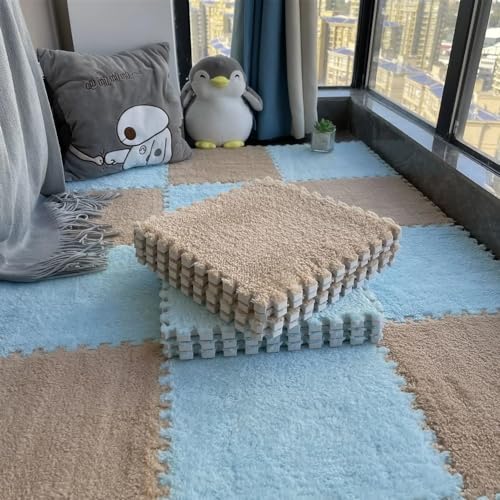 YDHSIKK Alfombra Puzzle Squares, Paquete de 18 losetas de moqueta entrelazadas Multicolor(Apricot and Gray)