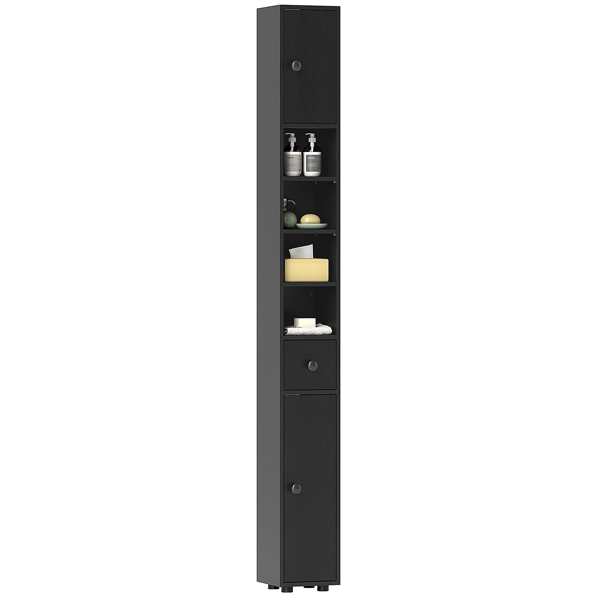 kleankin Armario de Baño Alto, Columna de Baño Estrecha con 1 Cajón, 4 Estantes Abiertos y Estantes Ajustables, 2 Puertas, Estilo Moderno, para Espacios Pequeños, 20x20x180 cm, Negro