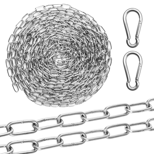 Catena Acciaio Inox, 1,5 mm x 6 m Catene in Acciaio Inossidabile, Catena di Sicurezza in Metallo per Recinzioni, Porte, Cancelli a Battente, Cancelli Elevatori, Biciclette con 2 Moschettoni