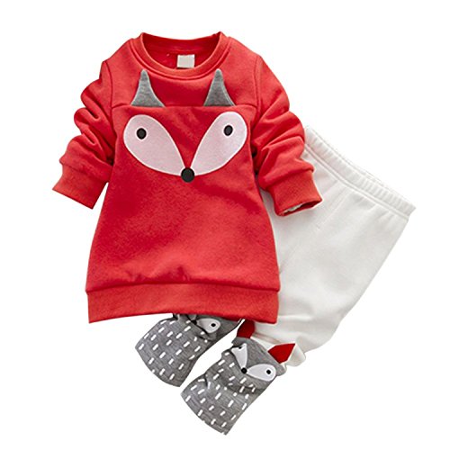 Baby Girls Long Sleeve Cartoon Fox Thick Velvet Winter Sweater Suits Clothing Sets (6-12Months, Red)