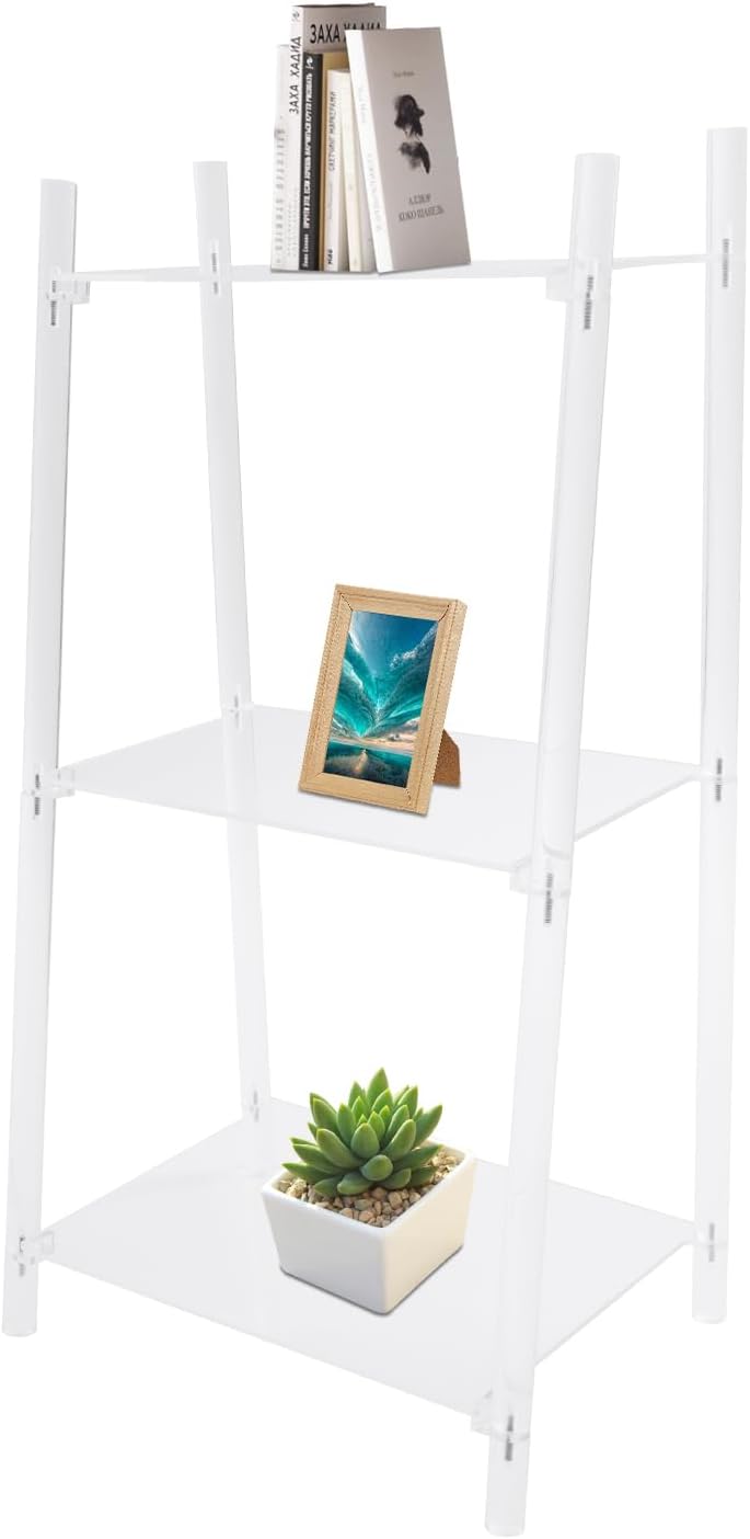 3 Tier Clear Bookshelf, Acrylic Ladder Shelf, Multipurpose Book Shelf, Storage Rack, Clear Display Stand for Storing Books, Ornaments, Vases, Office Supplies (15.6'' L x 11.6'' W x 32'' H)
