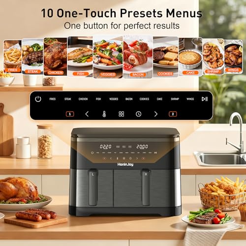 HoninJoy 12QT Large Air Fryer with Dual Basket (4QT+8QT), 13-in-1 Digital Touchscreen Double Zone Air Fryers with 50pcs Paper Liners, Sync & Dual, for Bake, Roast, Shake Reminder, Dishwasher Safe - Image 2