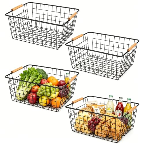 4 Pack Black Metal Wire Storage Baskets, Pantry Baskets for Organizing, Wire Food Storage Basket Organizer with Wooden Handles for Kitchen, Pantry, Freezer – 29 x 22 x 12cm