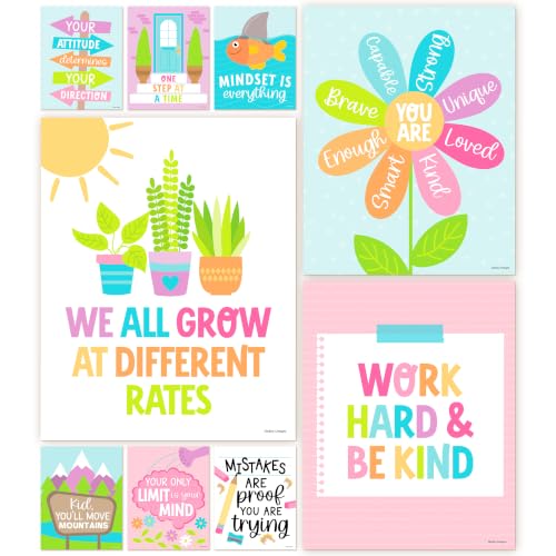 Hadley Designs Motivational Poster for Classroom Decor - 9 Growth Mindset Classroom Posters Elementary, Inspirational Wall Decor Middle School, Teacher Must Haves, Pastel Bulletin Board Decorations