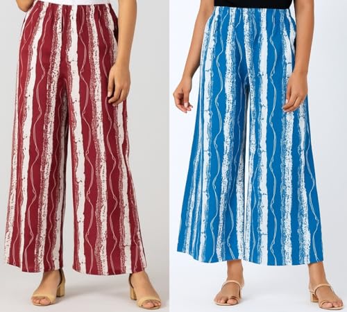 Image of PI World Printed Striped Western Mid Rise Palazzo /Trouser /Pant for Women /Girls Combo 2 (Waist 28 Inches to 36 Inches)