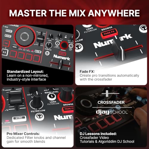 Image of Numark MixTrack Go Compact Bluetooth DJ Controller with Stems Control | 2-Deck DJ Mixer, for Beginners & Mobile DJs, Smart Fader, USB-C, Serato DJ Lite & Algoriddim djay Included, Gen 4