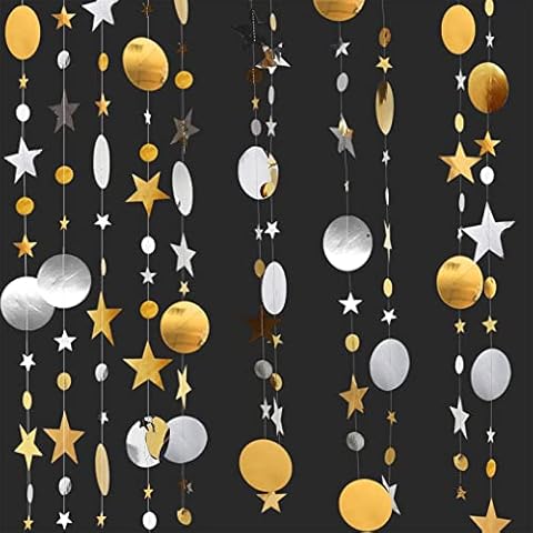 65 Ft Reflective Star Paper Garland - Silver Gold Twinkle Little Star Party Decorations, Glitter Star Bunting Circle Paper Hanging Banner for Birthday Wedding Engagement Baby Shower Christmas New Year Cover