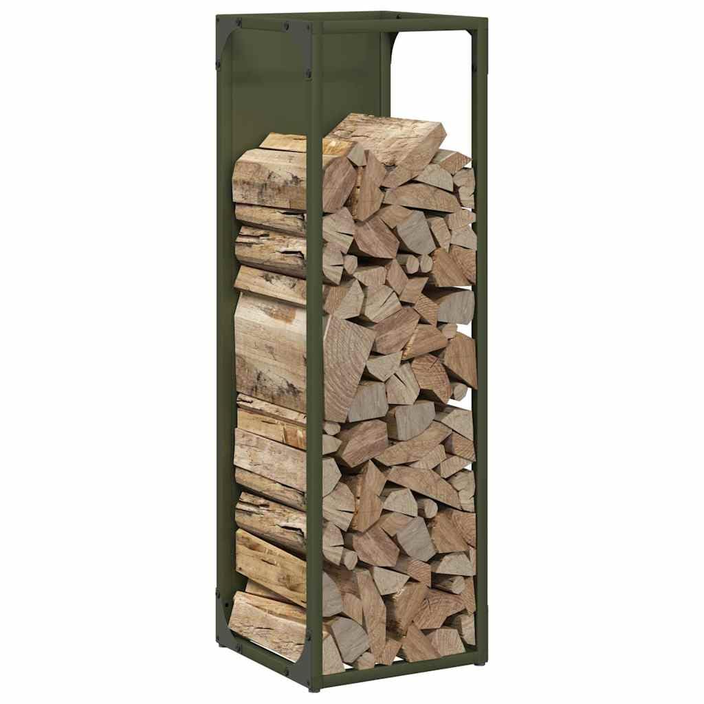 Brokky 864266 Rastrelliera per Legna da Ardere Verde Oliva 25x25x80 cm Legnaia da Esterno in Metallo, Ripiano per Legna da Ardere, Portalegna