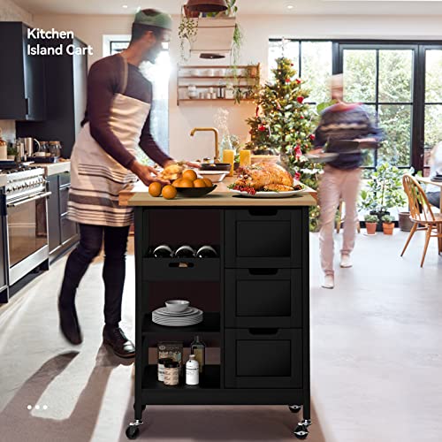 Yitahome Kitchen Island With Storage, Kitchen Cart For Home, Rolling Serving Utility Trolley Cart On Wheel With 3 Drawers And 3 Storage Shelves, Kitchen Serving Cart For Dining Room, Bar, Black #TOP1