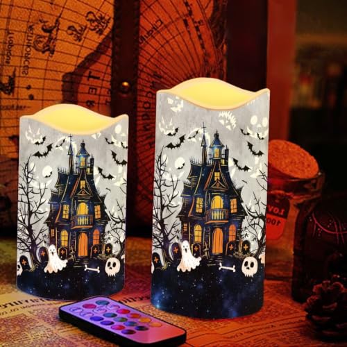 Image of Halloween Haunted House Color Changing Electric Candles | Halloween Flameless Candle Set with Remote Control, Battery Operated Fake Candles for Kitchen Room Home Decor, 4 Pack