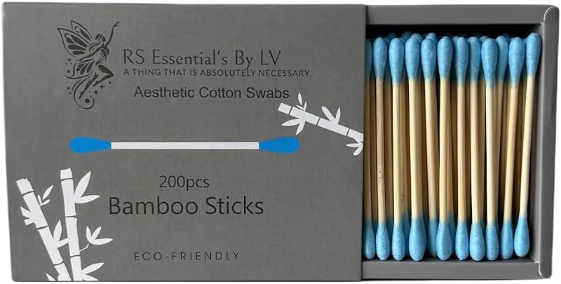 Hastes de Algodão RS ESSENTIAL'S BY LV com Haste de Bambu e Pontas Duplas Azuis, 200 unidades