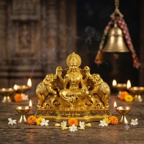 Image of Gaja Lakshmi Idol On Lotus with Elephants │ 4.5 Inch Polystone Laxmi Murti │ Brass, Silver & Patina Grey Finish │ Diwali Puja Gift (Gajlakshmi Brass Color)