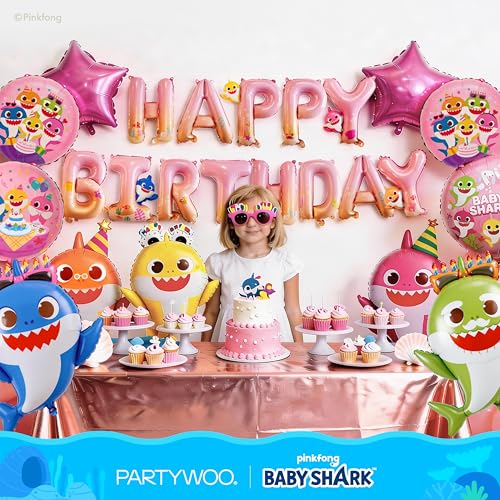 Image of PartyWoo Baby Shark Family Foil Balloons 13pcs Baby Shark Family Pink Round Star Mylar Happy Birthday Banner Letter Balloons for Boys and Girls Under the Sea Kids Birthday Party Decorations