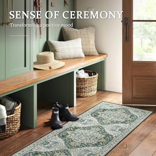Deerly Green Boho Runner Rug 2x7 Washable Hallway Runner Vintage Throw Rug Non-Slip Low-Pile Floor Carpet for Kicthen Indoor Front Entryway Bathroom Bedroom, Green/Multi